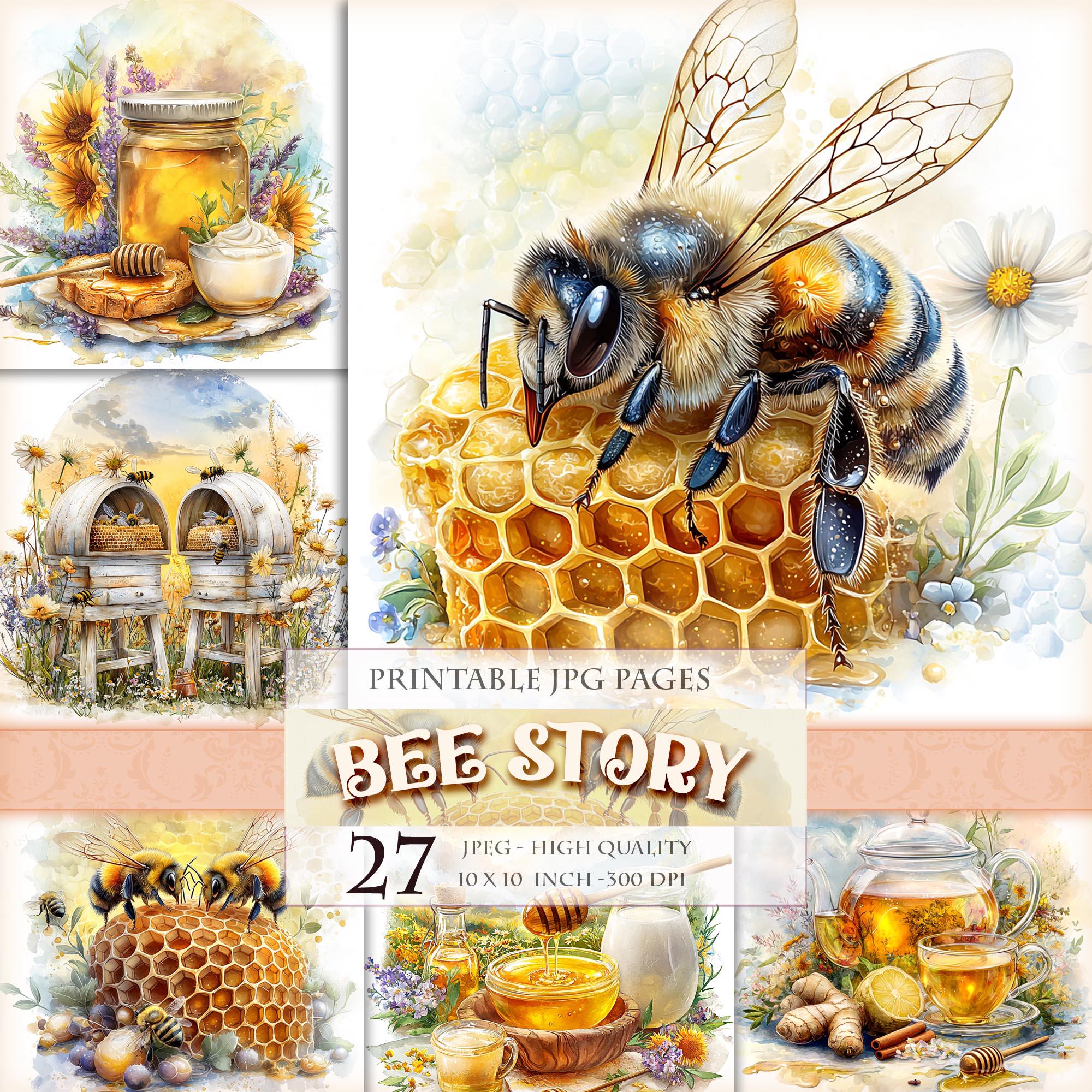 Bee Story, Spring Floral Cliparts, Printable HQ 27 JPG image, Junk Journal Folio Pages, Scrapbook Ephemera, Digiart, Instant download.