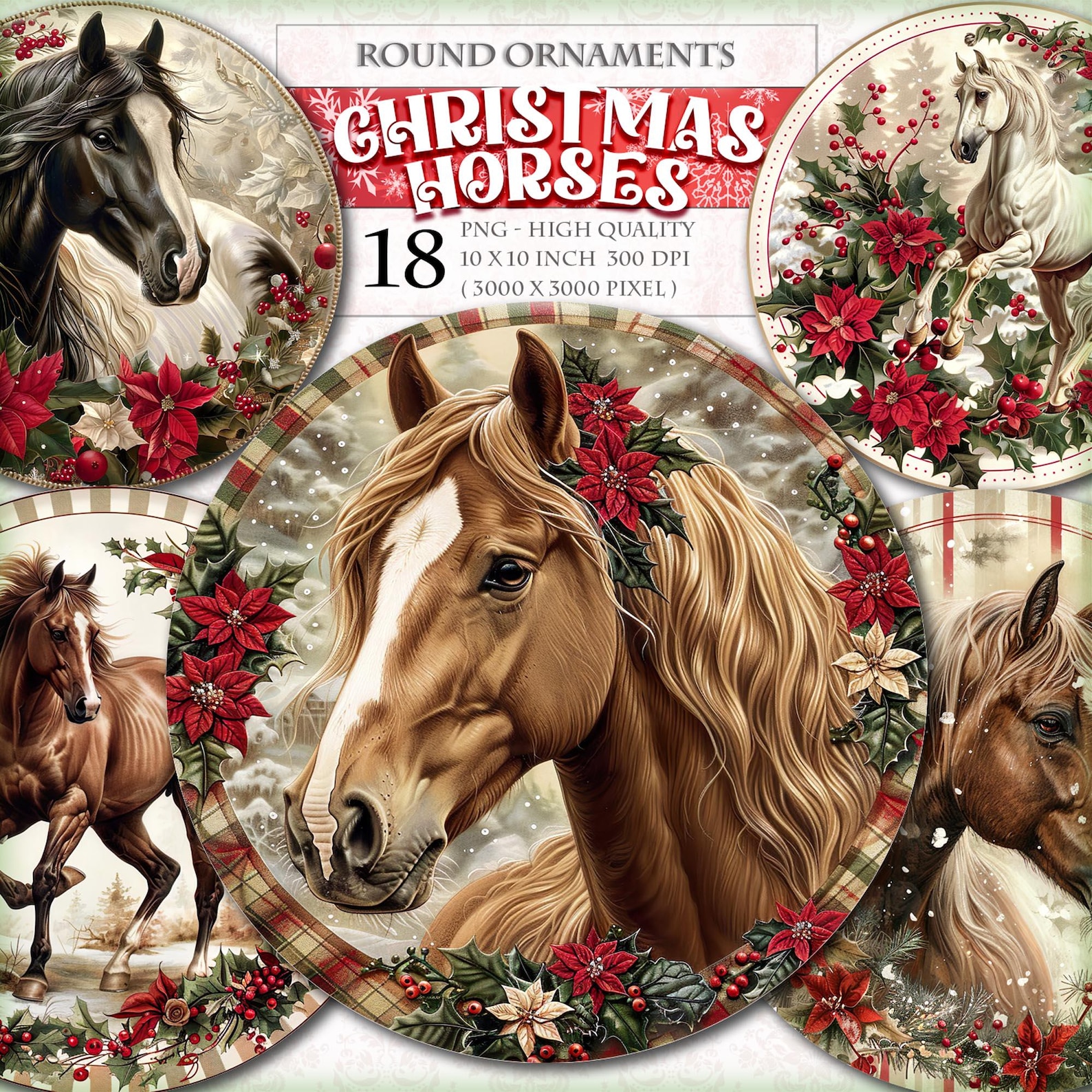 Christmas Horses - Round Clipart Bundle, Printable 18 PNG Image, Door ...