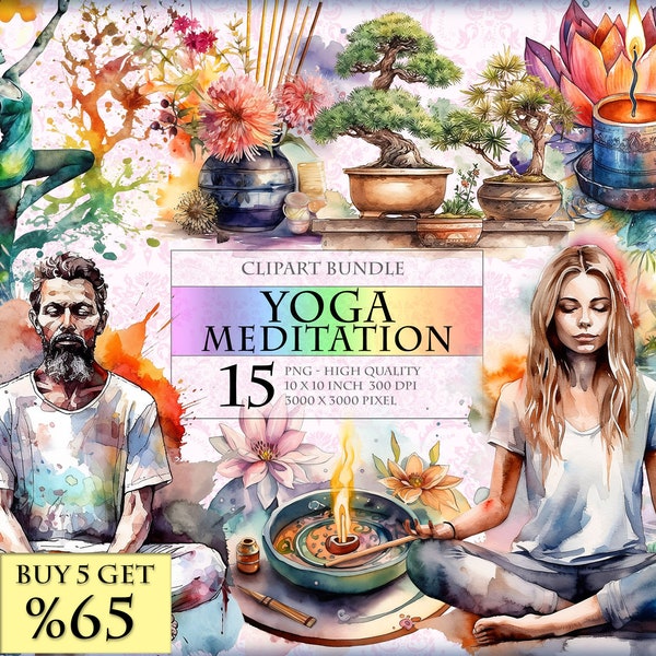 Yoga - Meditation and Relaxation - Watercolor Clipart Bundle - HQ Printable PNG format instant download