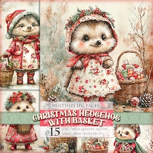 Hérisson de Noël avec panier, image imprimable multidimensionnelle 15 JPG, clipart aquarelle, carte postale éphémères de journal indésirable, téléchargement immédiat.