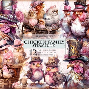 Famille de poulet steampunk, lot de cliparts aquarelle, 12 PNG imprimables HQ, album, téléchargement immédiat d'image en sublimation transparente.