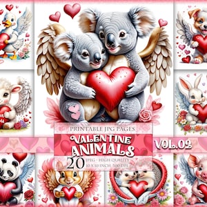 Valentine Animals Vol.02, Páginas digitais para impressão, Folhas de colagem, HQ 20 JPG - 10 X 10 polegadas, Download instantâneo.