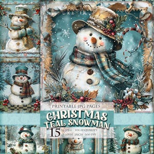 Bonhomme de neige sarcelle, paysage de Noël, 15 HQ JPG, image clipart aquarelle imprimable Shabby Chic, découpage de carte postale de scrapbooking téléchargement immédiat