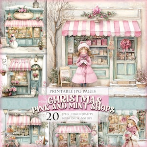 Boutiques de Noël rose et menthe, marché de Noël, images imprimables HQ 20 JPG clipart scrapbooking journal decoupage carte postale téléchargement immédiat.