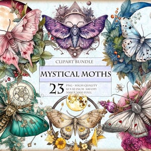Mystische Motten - Aquarell ClipArt Bundle, druckbares QUARZ 23 PNG Bild, pingelige Schnitte, Ephemera, Handwerk machen, Verzierung, sofort Download.