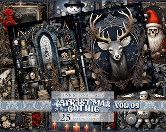 以下が含まれることがあります： ゴシックなクリスマスをテーマにした、25ページのデジタルジャンクジャーナルページのセット。ページには、鹿、雪だるま、頭蓋骨、時計など、さまざまな画像が掲載されています。ページのサイズは11 x 8.5インチ、300 DPIです。