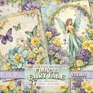 Floral Fairytale Pages Vol.01, Aquarell druckbares Bild, lobendes Foto, hochauflösendes 27 JPG 11X8,5 Zoll Scrapbook Junk Journal Postkarte Decoupage