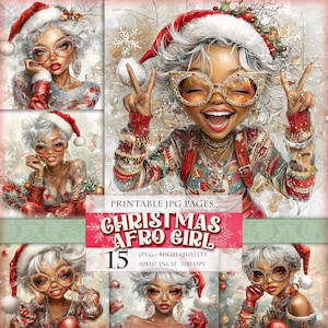 クリスマス アフロ ガール、印刷可能な高画質 15 枚の JPG 画像、水彩クリップアート バンドル、スクラップブック、ジャンク ジャーナル、デコパージュ、ポストカード、即時ダウンロード。