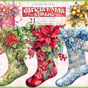 Paquete de imágenes prediseñadas de acuarela con temática de invierno y medias navideñas, imprimible en alta calidad, formato PNG, descarga instantánea.