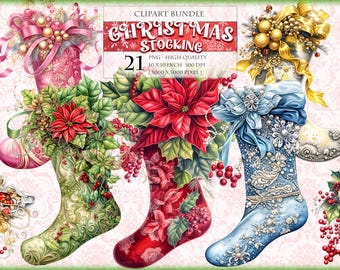 Könnte beinhalten: Drei Weihnachtsstrümpfe, verziert mit Weihnachtssternen, Stechpalmen und Ornamenten. Die Strümpfe sind rot, grün und blau mit goldenen Akzenten. Die Strümpfe sind 25,4 cm x 25,4 cm groß und haben 300 DPI.