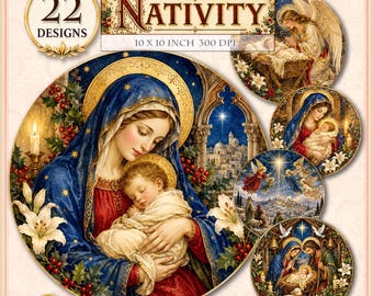 Sacred Nativity Round Clipart Collection, Printable 22 PNG Medieval Christmas Images, Holy Family and Angels (Digital Download)