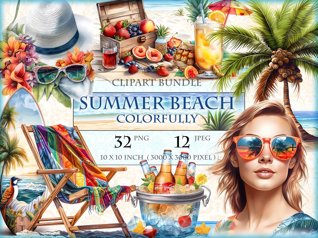 Summer Beach - Colorfully, Watercolor Clipart Bundle, 32 HQ Printable ...