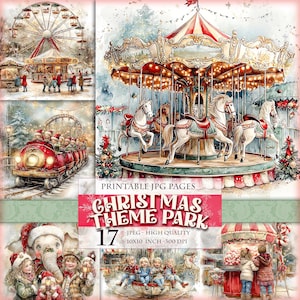 Parco a tema natalizio, parco divertimenti di Natale, 17 immagini JPG HQ stampabili, album, diario, cartoline, decoupage, effimeri, download immediato.