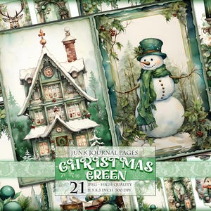 Groene kerst, vintage Noel, aquarel Junk Journal Kit, 21 JPG, Instant download en afdrukbaar, Digitaal collageblad