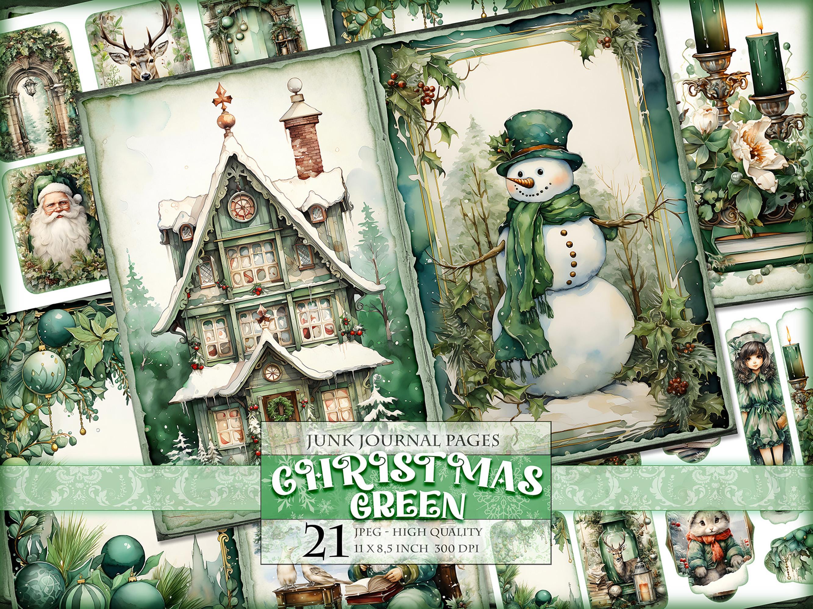 Green Christmas, Vintage Noel, Watercolor Junk Journal Kit, 21 JPG, Instant download and printable, Digital collage sheet