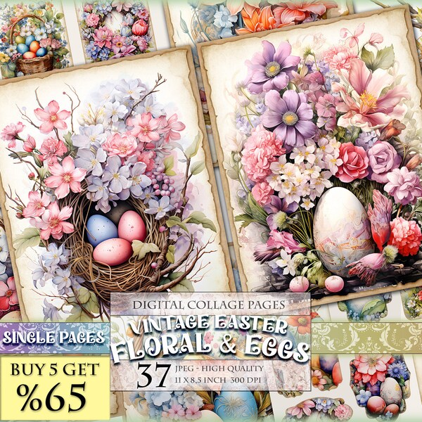 Vintage Easter Floral and Eggs, Watercolor Junk Journal Kit, Printable 37 Single Page JPG - 11X8.5 inch, Instant download.