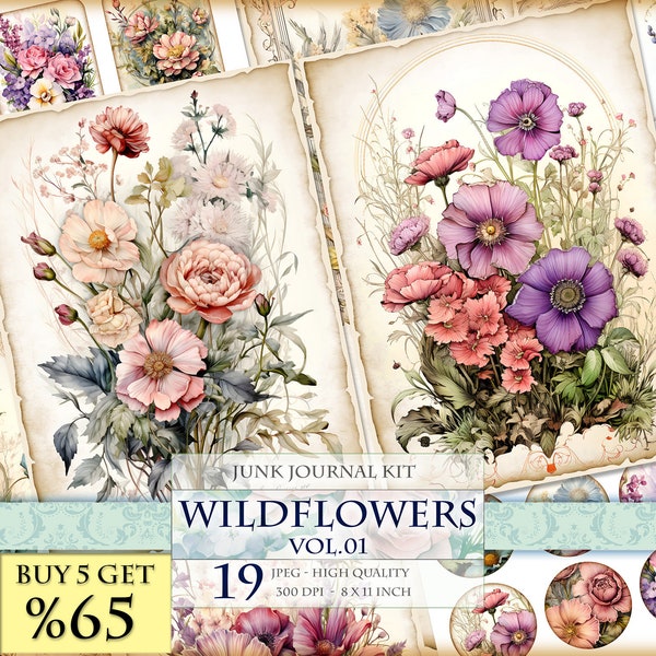 Wildflowers Vol 01, Watercolor Junk Journal Kit, 19 JPG - 11X8 inch, Instant download and printable, Digital collage sheet