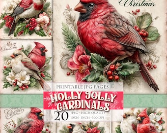 May include: Digital art featuring vibrant red cardinals perched amidst festive floral arrangements and berries, with the text "Merry Christmas" and "Holly Jolly Cardinals". The image is a collection of printable JPG pages.