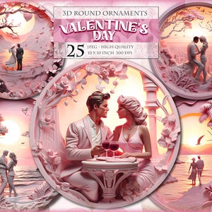 Ornements ronds 3D pour la Saint-Valentin, couples romantiques, lot de cliparts, image PNG imprimable 25 HQ, accroche-porte couronne signe téléchargement immédiat.