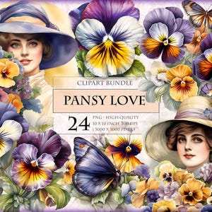 Pansy Love - Amores-perfeitos / Flor violeta, Pacote de clipart em aquarela, 24 PNG para impressão em HQ, imagem de sublimação transparente, download instantâneo