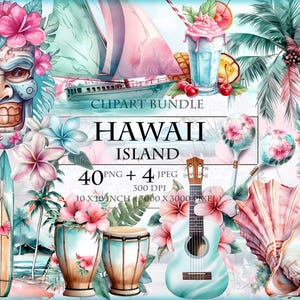 Isola Hawaii - Isola tropicale - Spiaggia - Pacchetto clipart acquerelli - Download immediato in formato PNG + JPEG stampabile ad alta qualità.