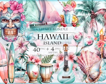 Hawaii Island - Tropischer Strand - Aquarell Clipart Bundle - Printable 40 PNG + 4 JPEG-Format-Datei, sofort-Download.