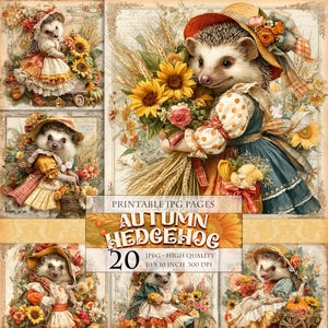 Ouriço de outono, abóbora e flor, imagem 20 JPG para impressão, paisagem floral de outono, diário vintage, itens efêmeros, decoupage, download instantâneo.