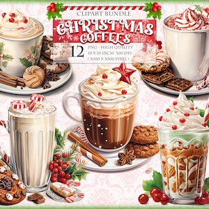 Kerstkoffie, aquarel clipartbundel, HQ afdrukbaar, png-formaat, instant download.