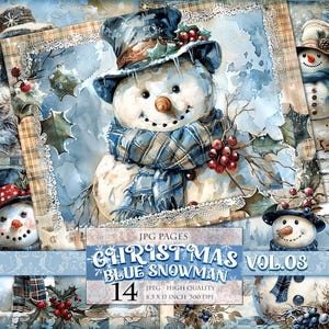 Christmas Blue Snowman Vol.03, winterlandschap, afdrukbare 14 JPG-afbeelding, plakboekpagina's Junk Journal Ephemera briefkaart direct downloaden.