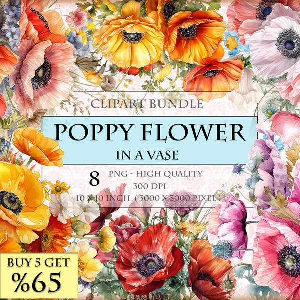 Poppy flower in a vase - Poppies flowers for wedding invitation - Watercolor clipart bundle - HQ Printable PNG format instant download