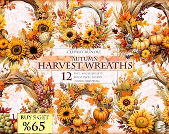 Autumn Harvest Wreaths, Watercolor Clipart Bundle - HQ Printable PNG format instant download.