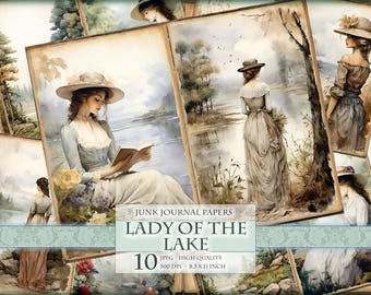 Lady Of The Lake, Romantic Women, Watercolor Junk Journal Pages, 10 JPG - 11X8.5 inch, Instant download and printable, Digital collage sheet