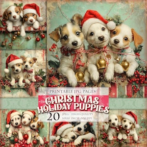 クリスマス ホリデーの子犬、ノエルの動物、印刷可能な 20 枚の高画質 JPG 画像、スクラップブック、ジャンク ジャーナル、ポストカード、デコパージュ、水彩画、即時ダウンロード。