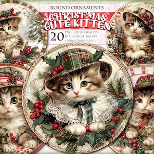 Adornos navideños redondos con lindos gatitos, imagen PNG imprimible de 20 HQ, guirnaldas para colgar en la puerta con imágenes prediseñadas de acuarela, cortes delicados, descarga instantánea