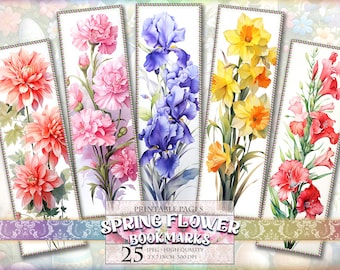 Spring Flower Bookmarks, Watercolor Digital Sheets, 2x6,3 inch 25 Bookmarks in 5 printable JPG pages, Instant download.