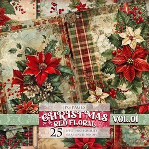 Fond floral rouge de Noël Vol.01, Pages imprimables de scrapbooking, images numériques, journal indésirable, découpage de carte postale faisant le téléchargement immédiat.
