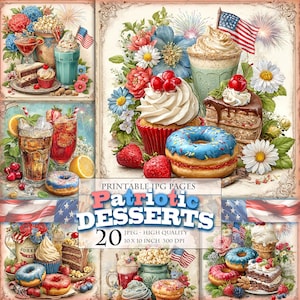 Desserts patriotiques, cliparts du 4 juillet, image imprimable HQ 20 JPG, donut macaron gâteaux junk journal pages scrapbooking éphémères téléchargement immédiat