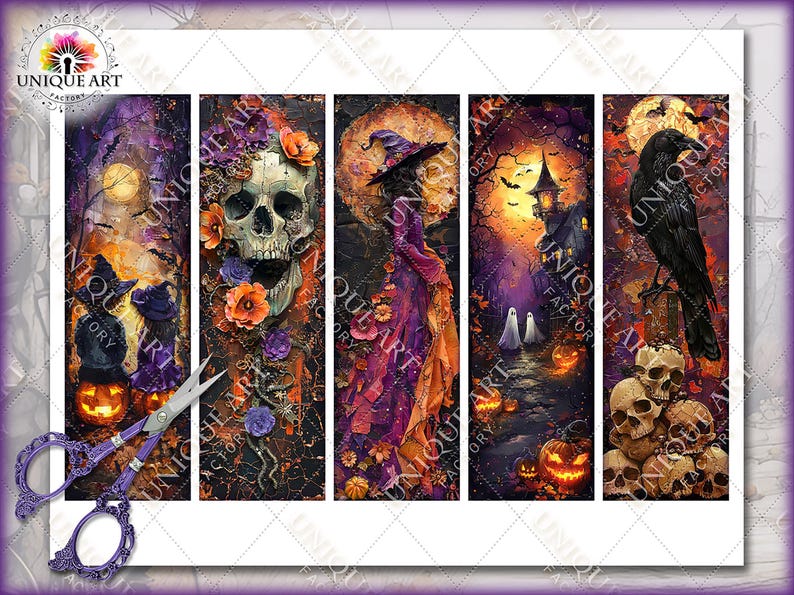 May include: A set of five Halloween-themed art prints. Each print features a different spooky scene, including a witch, a skull, a haunted house, and a raven. The artwork is rich in color, with purple, orange, and black hues dominating the designs.