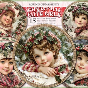 Adornos redondos navideños para niñas, paquete de imágenes prediseñadas de acuarela, 15 imágenes PNG imprimibles de alta calidad, diario basura, álbum de recortes, decoupage, descarga instantánea