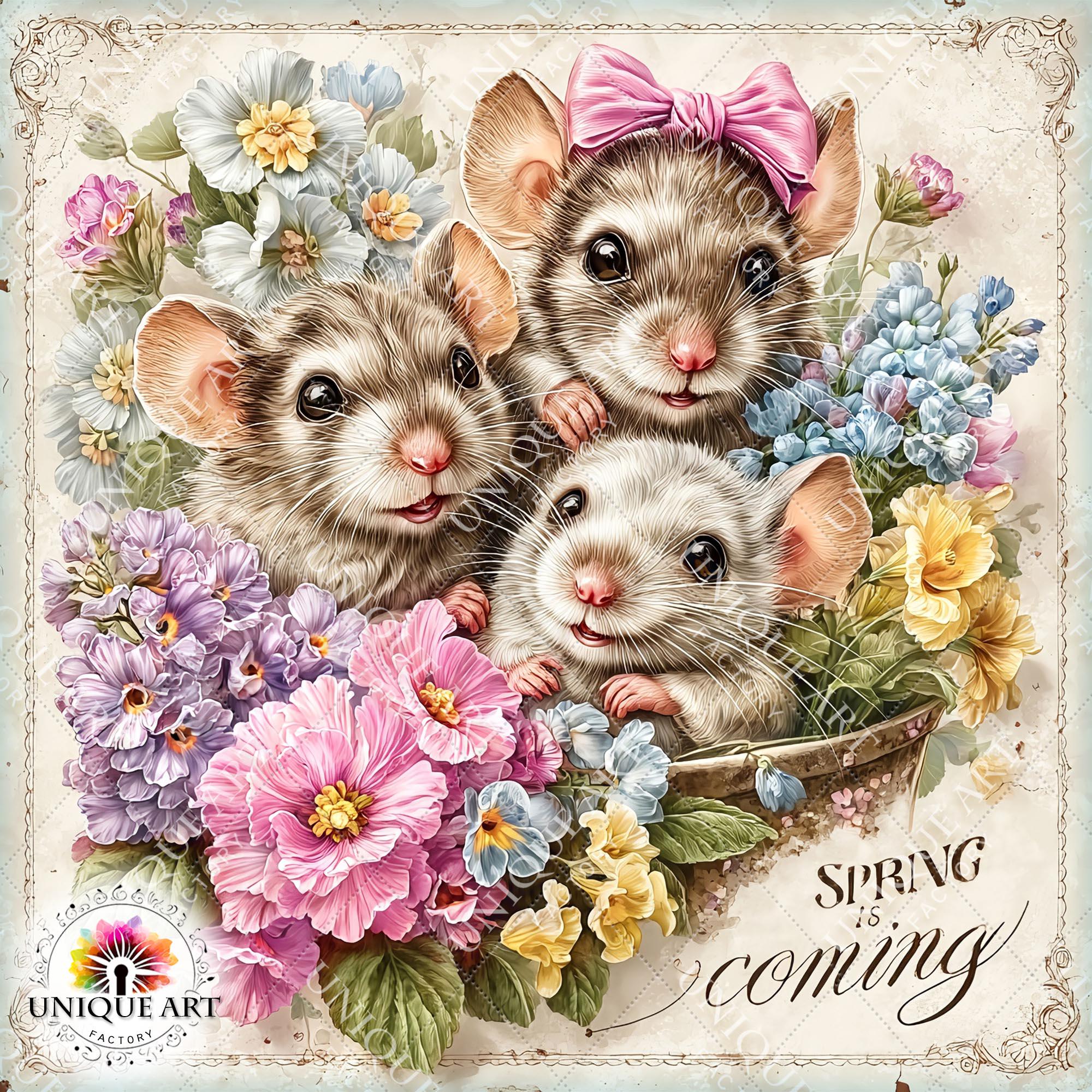 Spring Mice, Printable 30 JPG Image, Floral Junk Journal Clipart ...