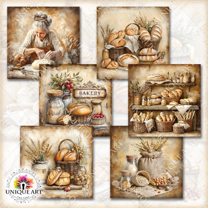 Puede incluir: Una colecci&oacute;n de impresiones art&iacute;sticas digitales de estilo vintage con tem&aacute;tica de panader&iacute;a. Las im&aacute;genes presentan diversos productos horneados, incluyendo hogazas de pan, baguettes y pasteles, dispuestos en cestas y estanter&iacute;as. Algunas impresiones incluyen el texto "Bakery" y "Unique Art Factory".