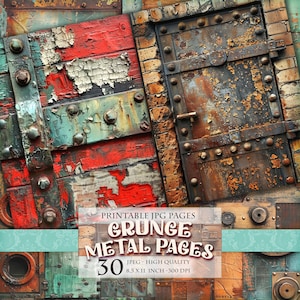May include: A digital collage featuring distressed metal and wood textures in shades of red, teal, and brown. The image includes a weathered metal door with rivets and peeling paint, and the text "GRUNGE METAL PAGES".