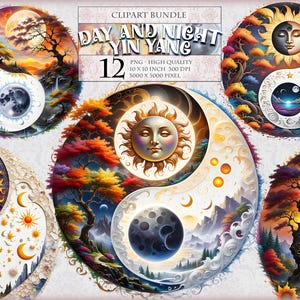 Yin Yang jour et nuit, lot de cliparts aquarelle, imprimable 12 HQ, format PNG transparent, téléchargement immédiat.