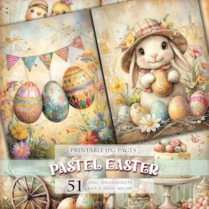 Pasqua pastello, immagine JPG stampabile da 51, album di ritagli con acquerello, carte digitali, shabby chic, download immediato.