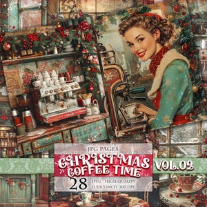クリスマス コーヒー タイム Vol.02、印刷可能なスクラップブック ページ、水彩デジタル画像、ジャンク ジャーナル ポストカード デコパージュ作成、即時ダウンロード。