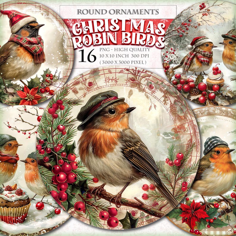 Christmas Robin Bird - Round Clipart Bundle, Printable 16 PNG Image ...
