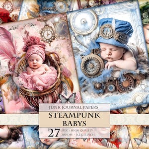 Páginas de diario basura con temática de bebé Steampunk, 20 imágenes JPG imprimibles, material efímero para álbum de recortes, descarga instantánea.