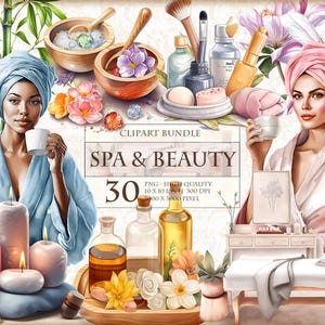 Spa et beauté, lot de cliparts aquarelle, détente et thérapie, soins personnels, format PNG imprimable HQ 30, sublimation, téléchargement immédiat.