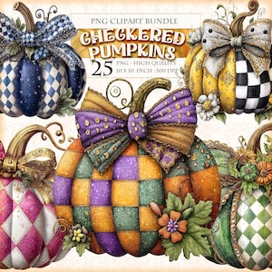May include: A collection of decorative pumpkins with checkered patterns in various colors, including blue, yellow, purple, and green. Each pumpkin features a decorative bow and floral accents. The image includes the text "CHECKERED PUMPKINS" and "25 PNG - HIGH QUALITY 10 X 10 INCH - 300 DPI".
