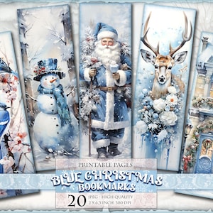 Blauwe kerstbladwijzers, vintage Noel, digitale aquarelvellen, 2 x 6,3 inch 20 bladwijzers op 4 afdrukbare JPG-pagina's, direct downloaden.
